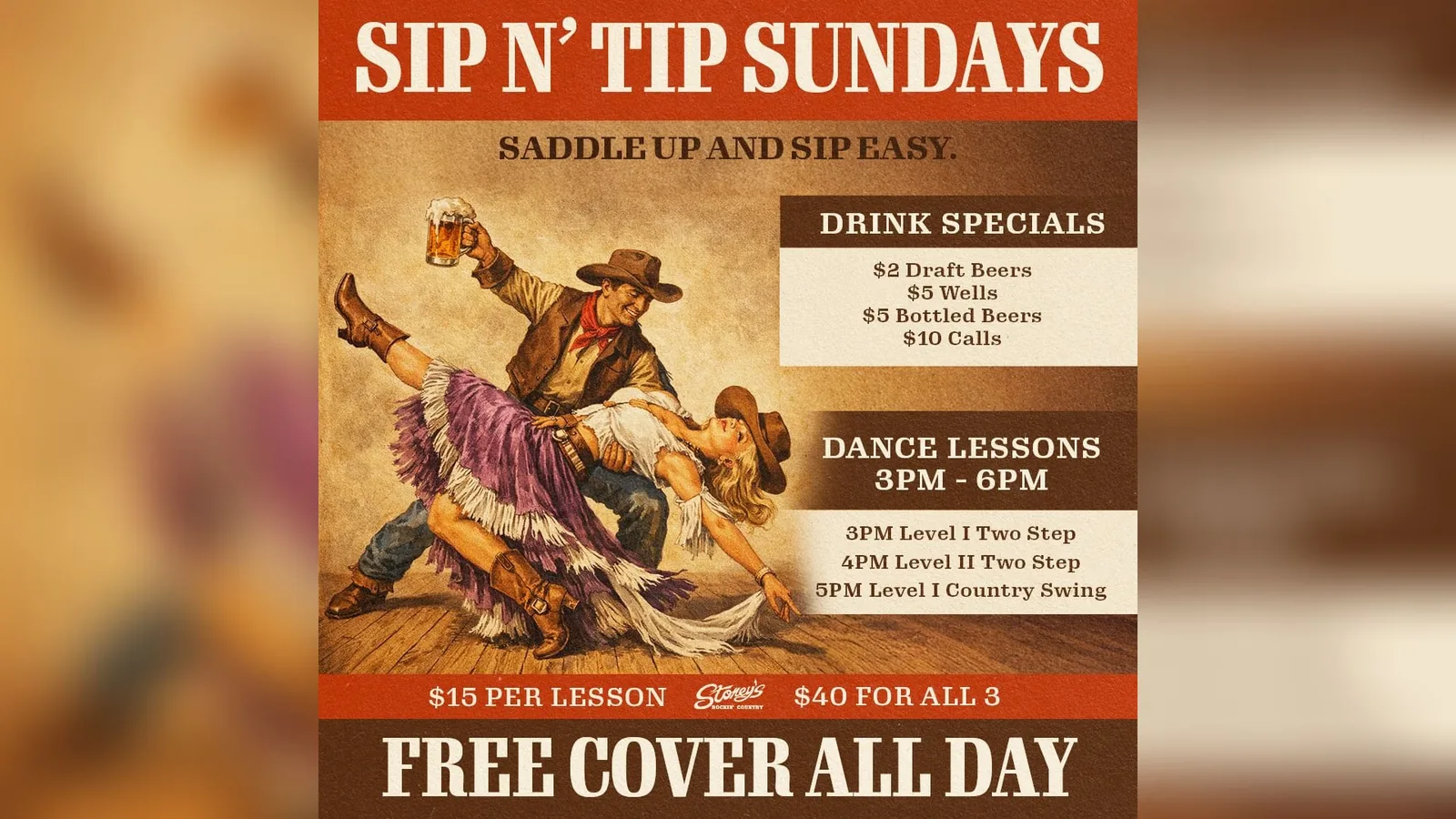 Sip’ N’ Tip Sundays – Couples Country Dance Lessons & Social Dancing